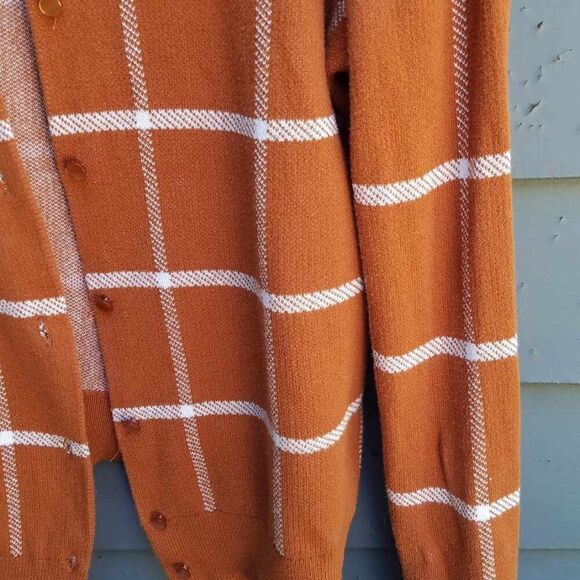 Ann Taylor Factory Pumpkin & White Plaid Cardigan Sweater Medium - Picture 8 of 10